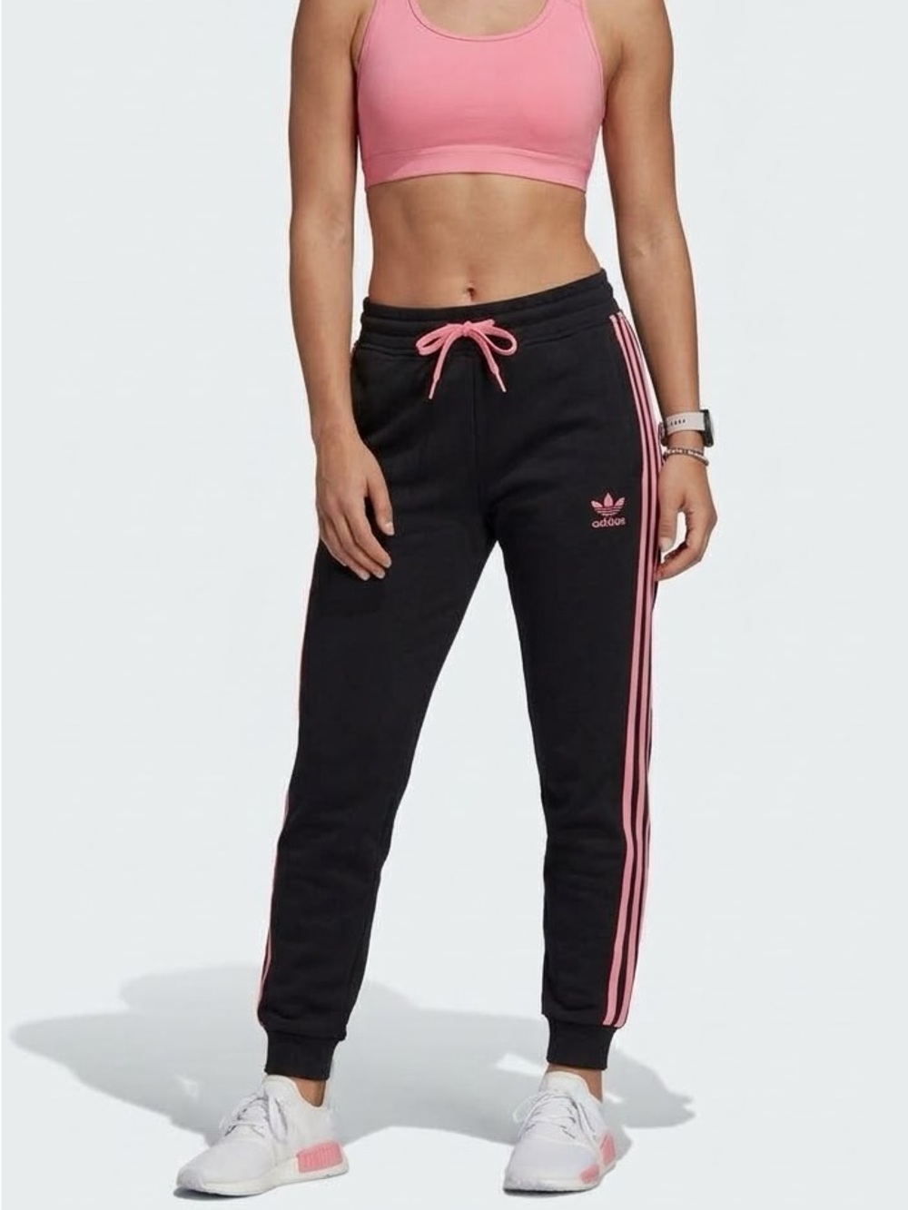 Adidas Women's Black Track Pants with Pink Side Stripes
